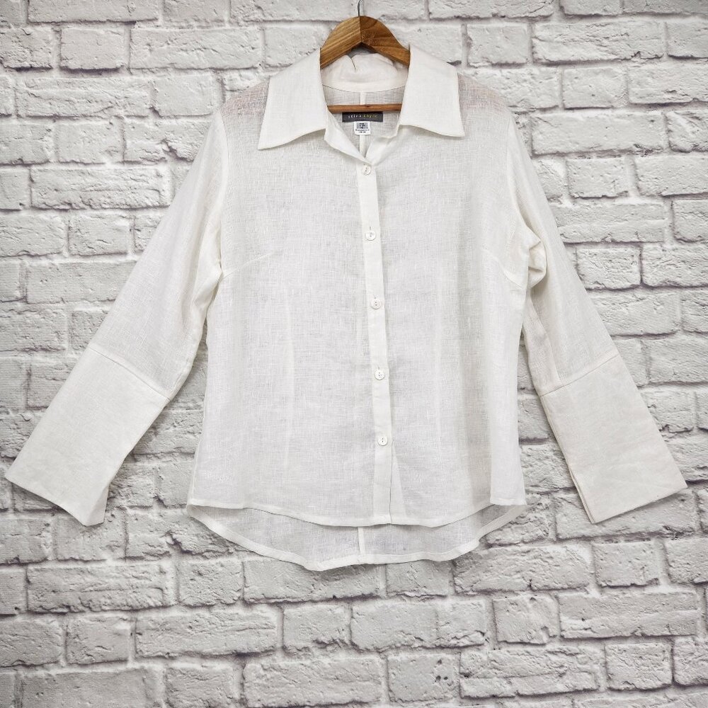 Stina Sayre White 100% Linen Collared Button Up Shirt Lagenlook  XL
